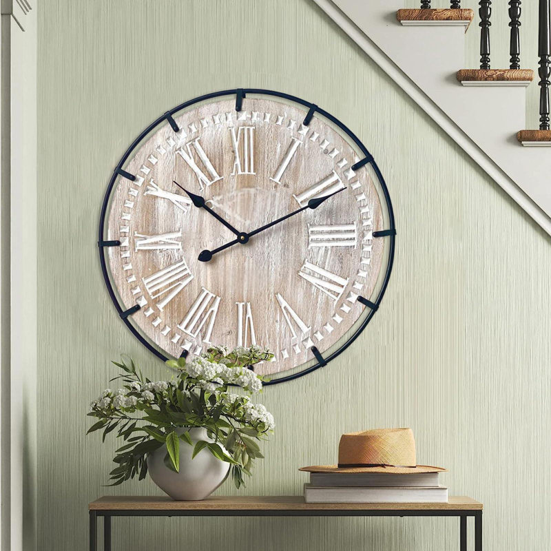 24 Inch Large Farmhouse Wall Clock, Rustic Antique Wood With Metal Circle And Large Engraved Numerals, Silent Battery Operated Wall Clock