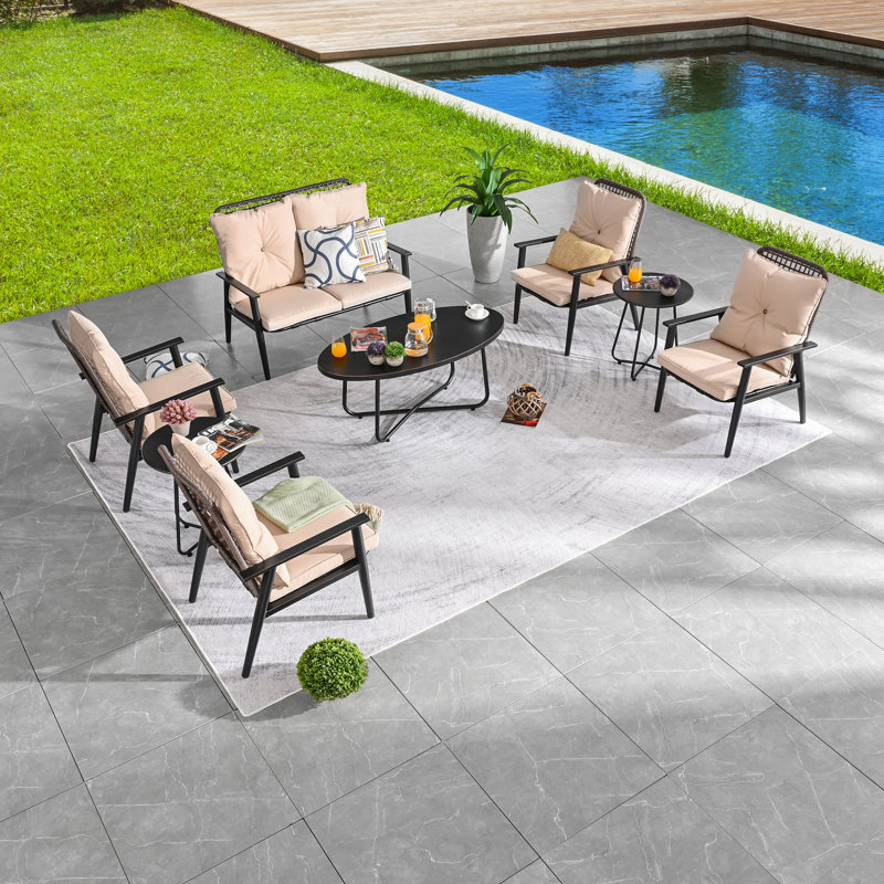 6 - Person Patio Conversation Set with Cushions, Beige