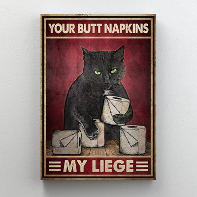A Cat With Napkins - Your Butt Napkins, My Liege Gallery Wrapped Canvas - Cat Illustration Decor, Red And Black Living Room Decor