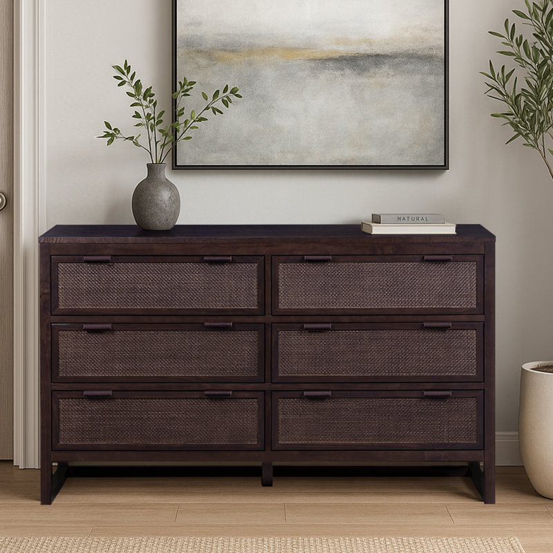6-Drawer Double Dresser with Rattan Inlay Fronts and Faux Leather Pulls, Solid Wood Frame, Natural Modern Boho Storage