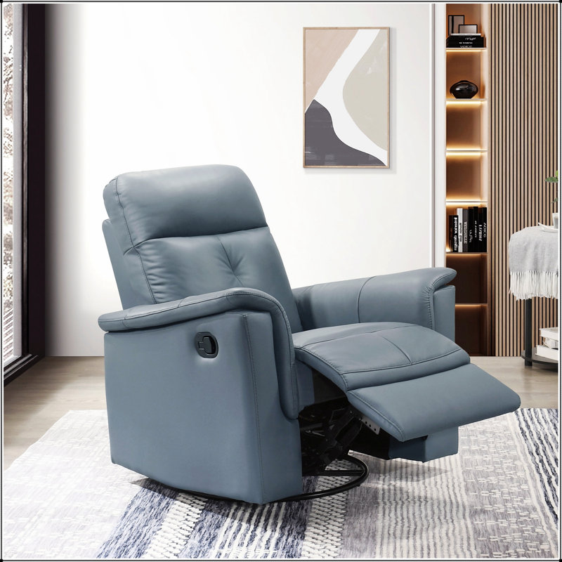 Blue Gray Leather Upholstered Reclining Chair With Swivel And Glider Motion For Modern Living Room Comfort, Blue Gray
