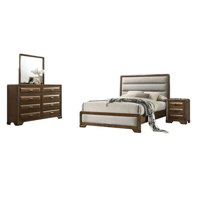 Cair 4Pc Queen Bedroom Set, Channel Light Grey Upholstery, Brown