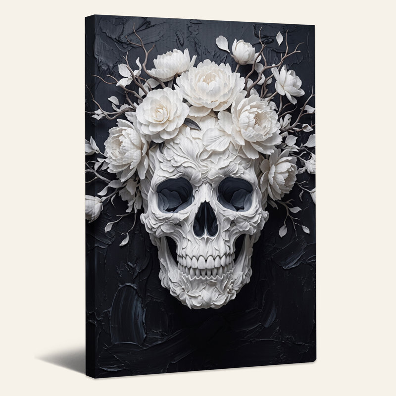 Art mural sur toile, crâne blanc avec fleurs blanches et branches sur Halloween, H 24 po x l 16 po