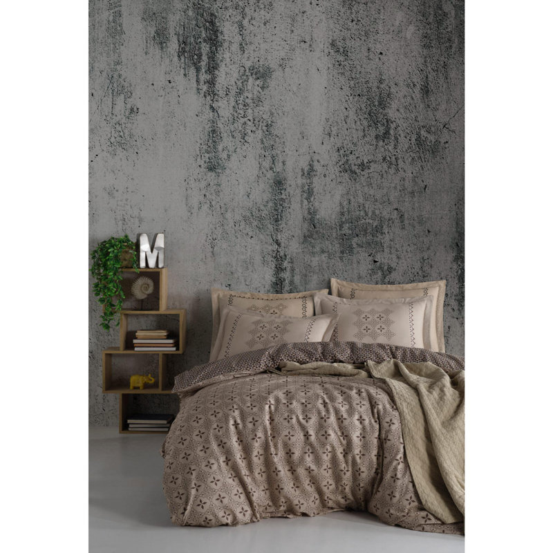 Ensemble de housse de couette Ranforce, Courtepointe simple + 1 taie d'oreiller standard, Motif géométrique brun