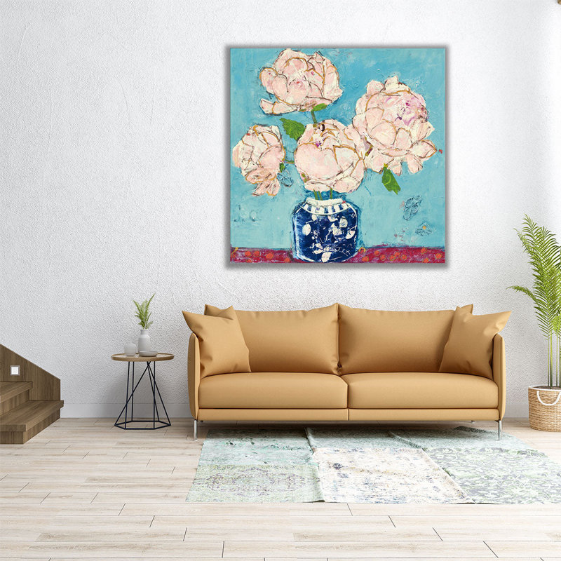 Vase de pivoines aqua corail - reproduction d'art sur toile, H 12 po x l 12 po