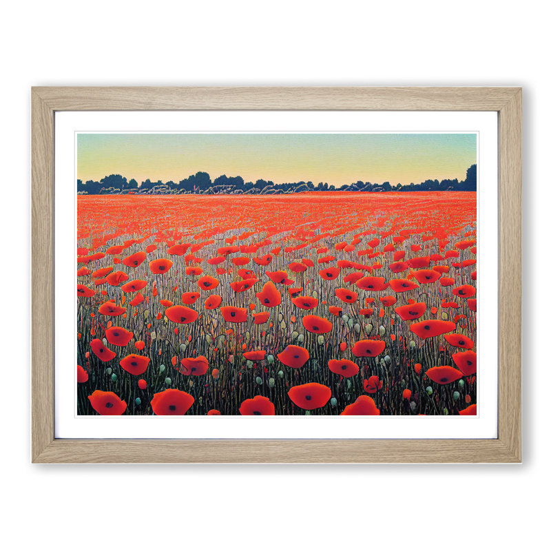 Fancy Poppy Field Flowers - Single Picture Frame Print, 46cm H x 64cm W x 2cm D, Oak Framed