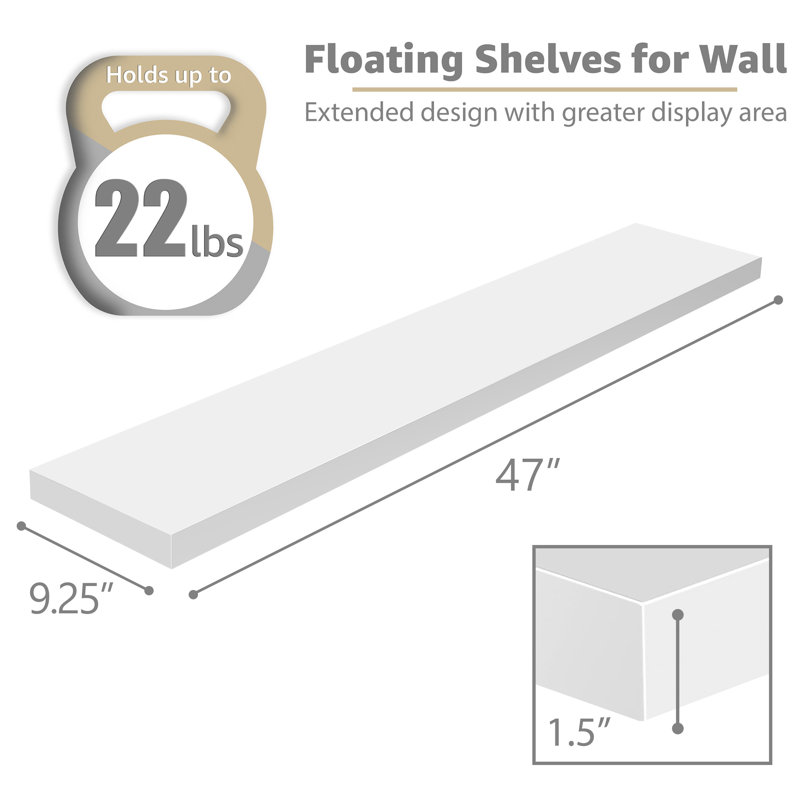 Sorbus Floating Shelves for Wall - Set of 3 Extra Long Floating Shelves for Bedroom, Kitchen, Living Room, Bathroom Shelves, Farmhouse Home Decor - Wall Mounted Floating Shelves - Extra Large, White
