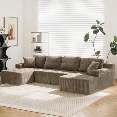 130" U-Shaped Modular Sectional Sofa with Chaise, Boneless Corduroy Flexible Module Seating for Living Room,Cloud Couch with Cup Holders and Side Pockets,No Assembly (Khaki)