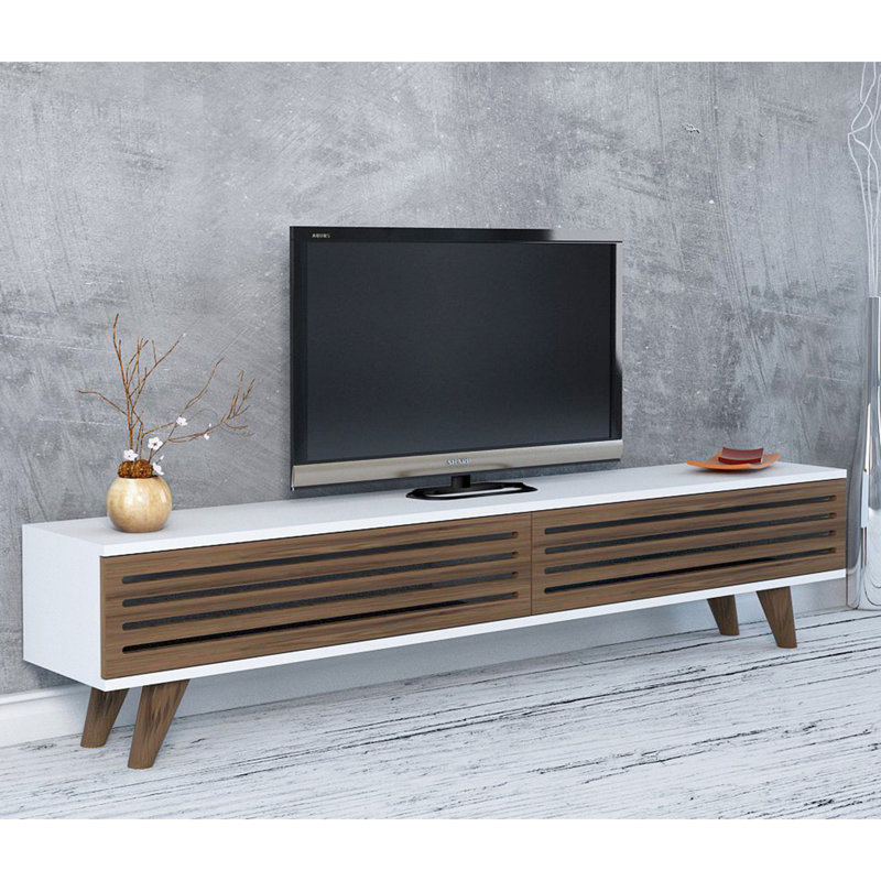 Modern TV Stand with Solid Wood Door, Walnut & White, 63.0 x 15.7 x 9.8 inches | 100% Melamine Coated Particle Board, Thickness: 0.7 inches | Multiple Shelves & Additional Storage, Stylish Scandinavian Design
