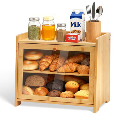 Boîte à pain en bambou pour comptoir de cuisine, contenant à double couche pour le pain fait maison, naturel