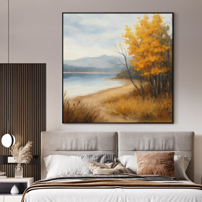 Impression sur toile extra large - art côtier d'automne au bord du lac avec des arbres dorés, pastel doux, décor contemporain ou inspiré de la nature, pour le salon ou la chambre à coucher - «Assemblage requis du cadre (cadre non fini)»