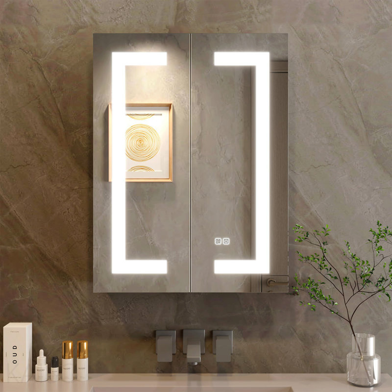 Miroir lumineux de salle de bain à DEL avec armoire de rangement 32 "x 24" avec rangement encastré ou à surface 2 portes à intensité variable 3 couleurs réglables anti-buée, tablette 2 prises, 2 ports USB