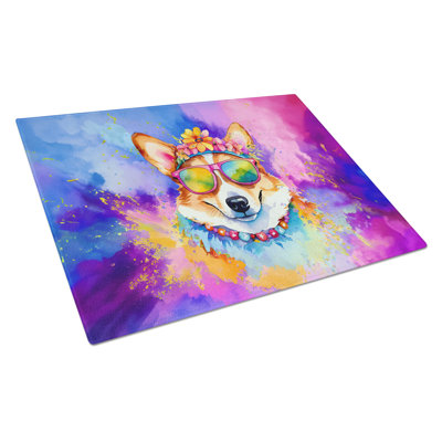 Corgi Hippie Dawg Glass Cutting Board Large