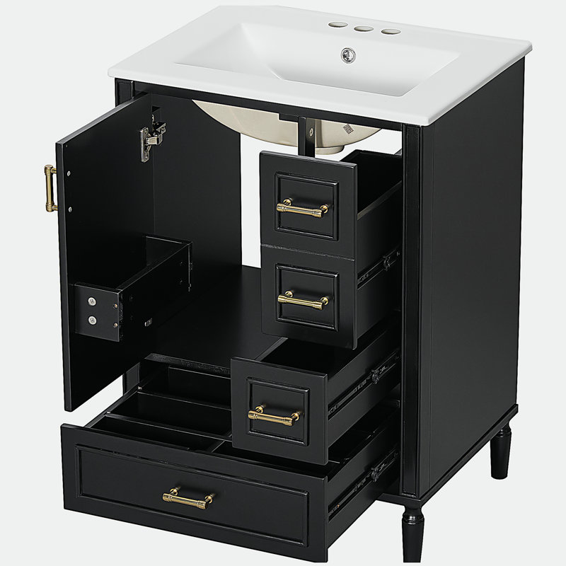 Meuble-lavabo 24 po avec lavabo en céramique, porte à fermeture douce, 3 tiroirs, poignées dorées et support de porte, Noir