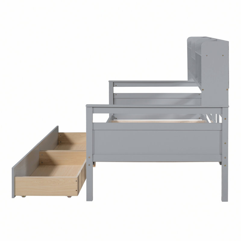 Lit de jour avec support en lattes de bois, tablettes de chevet et deux tiroirs, Lit simple, Gris