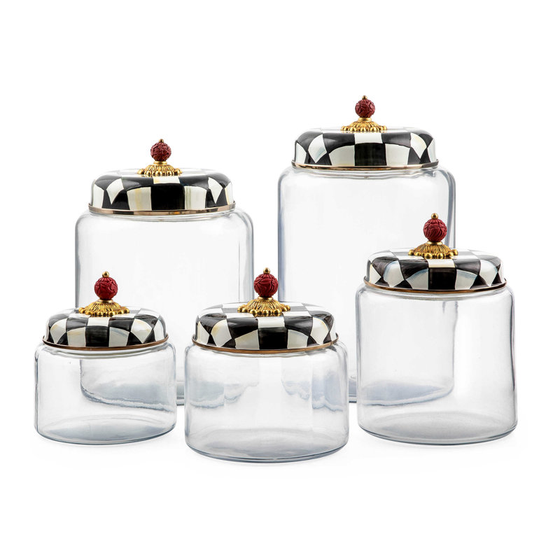Elegant Courtly Check 7" Black Glass Kitchen Canister with Faux-Cinnabar Knob