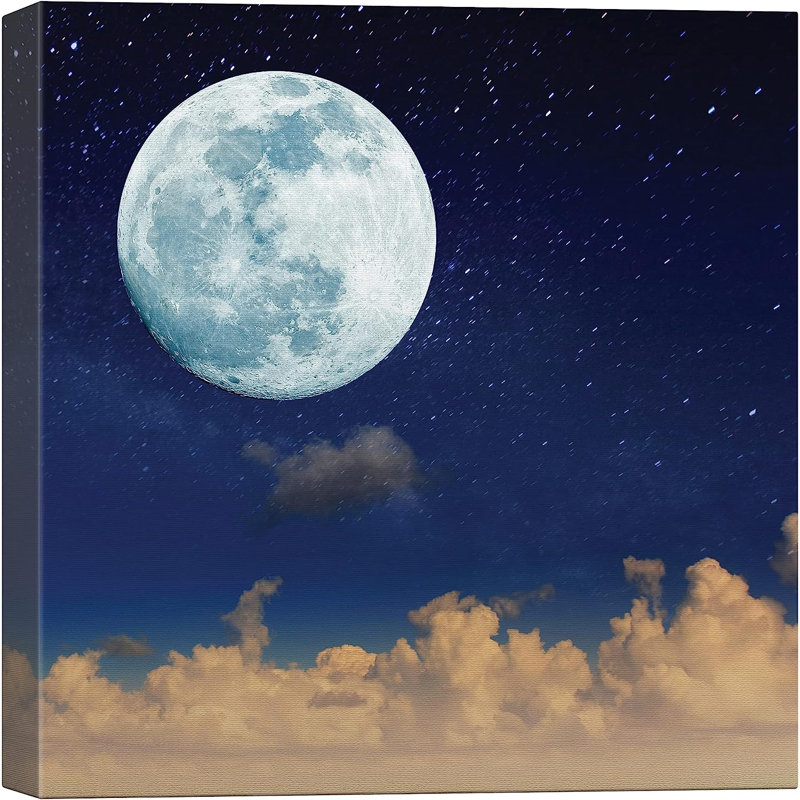 Bleu pleine lune et étoiles sur des nuages blancs sur toile, H 16 po x l 16 po x P 1,5 po