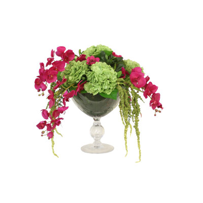 Hydrangea With Orchids And Hanging Amaranthus In Glass Bowl With Pedestal