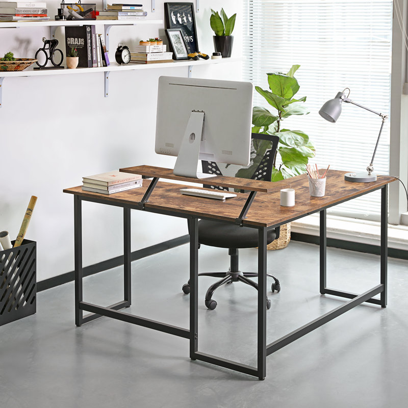 Evelin L-Shaped Metal Base Writing Desk, Rustic Brown