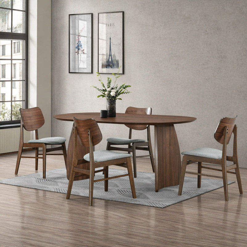 Amber Modern Dining Table Set With Sculpted Curved Back Chairs, 5 Pieces: Table, 4 Chairs, Brown