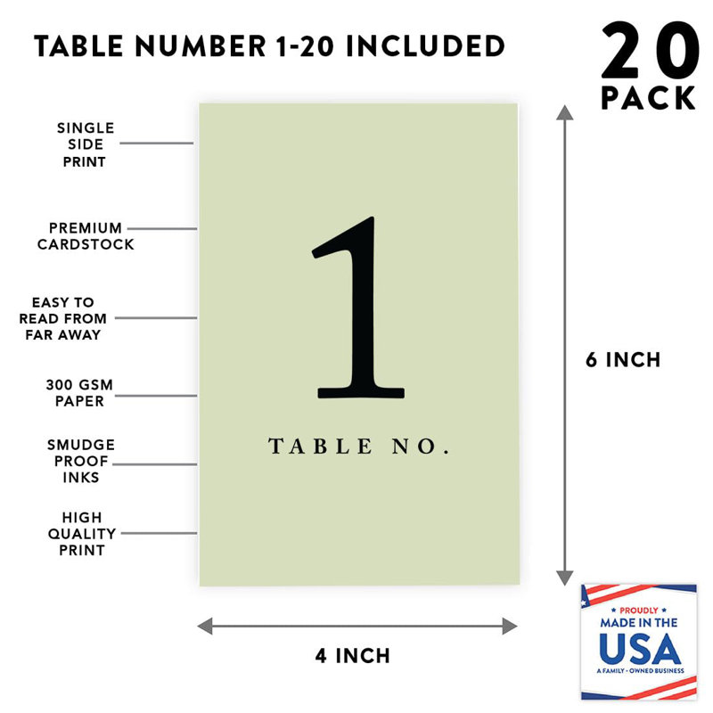 Koyal Wholesale Pistachio Table de mariage numéros 1 à 20, cartes de sièges 4 x 6, Pistache