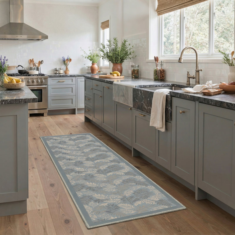 Aethel Tropical Floral Machine Washable Blue / Beige / Grey Indoor Area Rug with Non-Slip Backing, Runner 2'3" x 6'