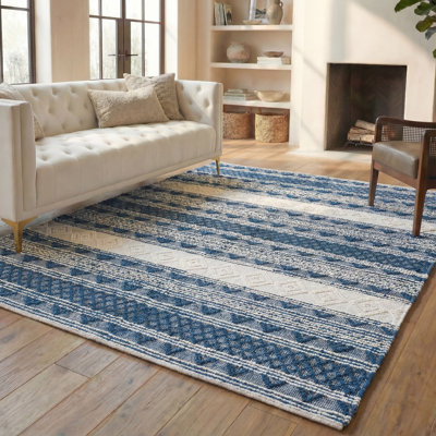 Tapis bleu marine / ivoire en jute / laine / coton tissé à la main Elsbernd