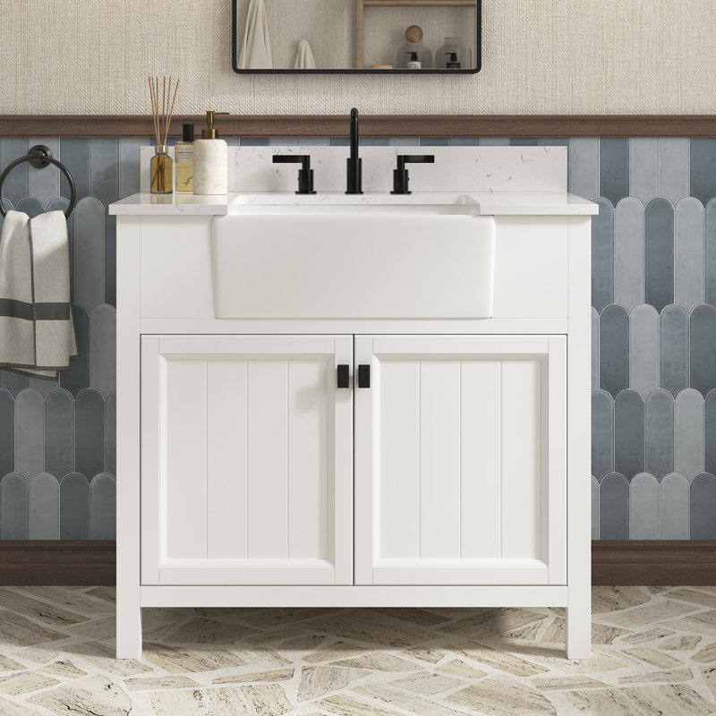 Meuble-lavabo autoportant avec comptoir en pierre artificielle, 37"