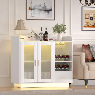  Modern Floating Wine Cabinet with LED Light & Barware Rack