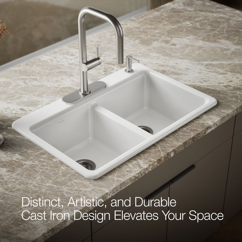Riverby 33 In. Top-Mount Double-Bowl Kitchen Sink, White, 1 hole, Large/medium bowls