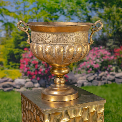 18.9" Tall Frosted Gold Metal Urn "Veritas"
