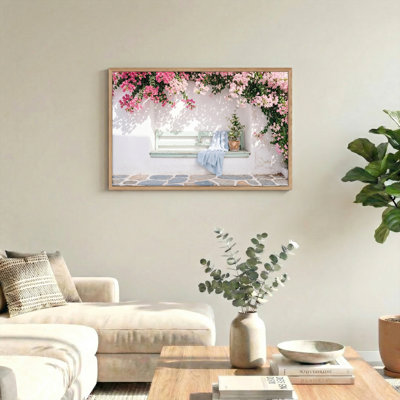 Ensemble de 1 tableau sur toile représentant un banc à motifs floraux