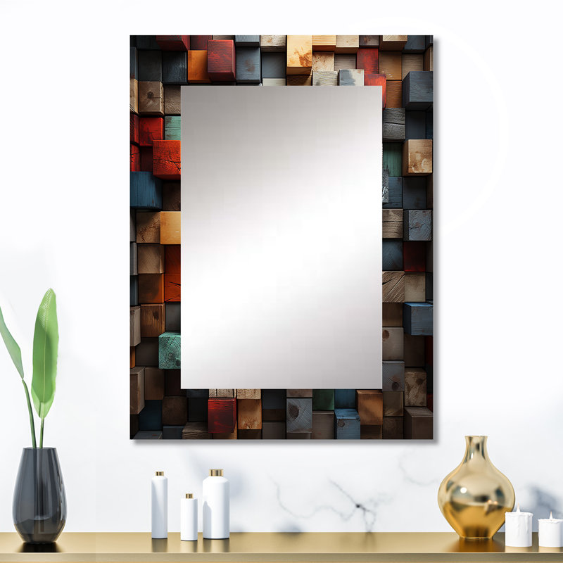 Blue and red abstract cubes II - Cubism Wall Mirror, Modern Decorative Mirror, Printed Metal Art, 32" x 24"