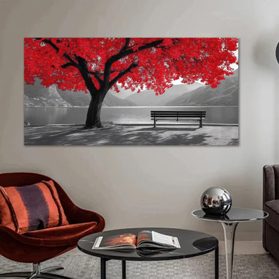 Noir et blanc rouge grand arbre de vie, art mural pour le salon, montagne, paysage, lac, images, chambre à coucher, bureau, décoration intérieure, impressions sur toile modernes, 24 po x 48 po