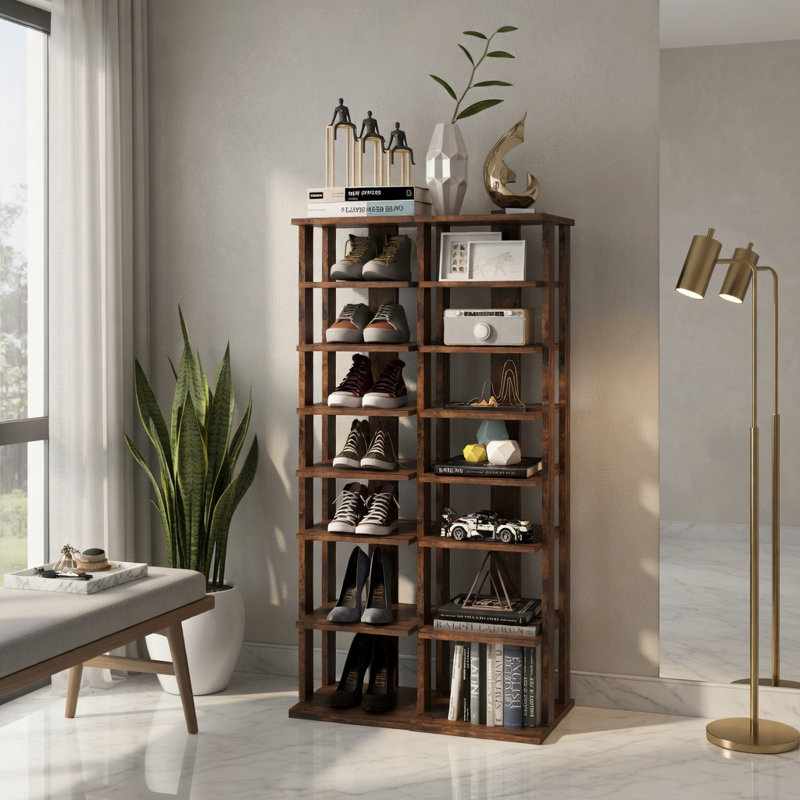 Range-chaussures en bois à 7 niveaux - Support de rangement en MDF brun rustique pour vestibule, couloir et petits espaces (blanc, noir, options naturelles)