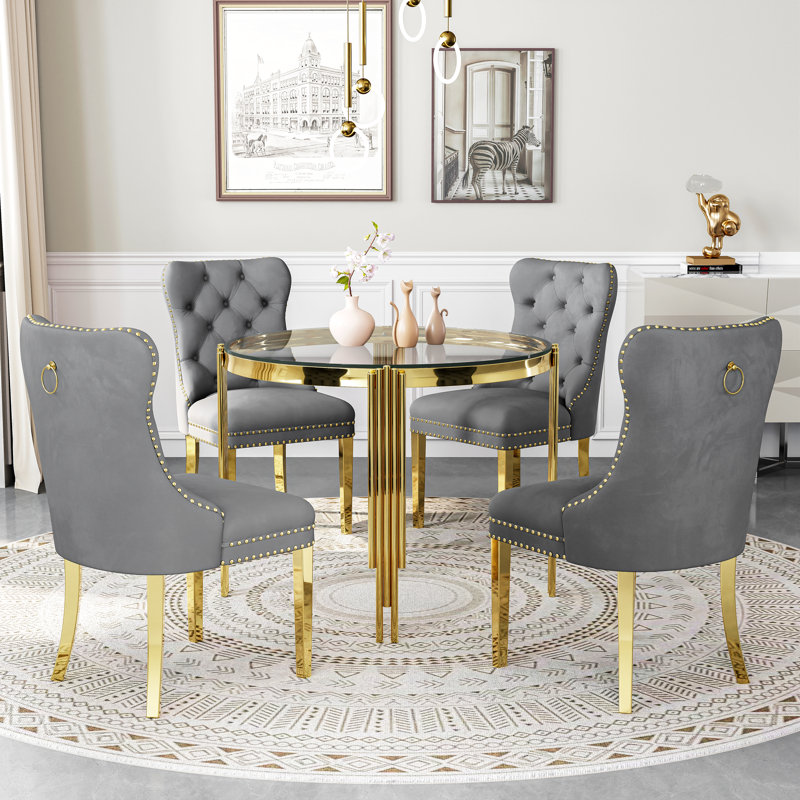 37"Modern Glass Dining Table Set, Irregular Stainless Steel Table Legs And Velvet Tufted Backrest Chairs, Clear, Gold