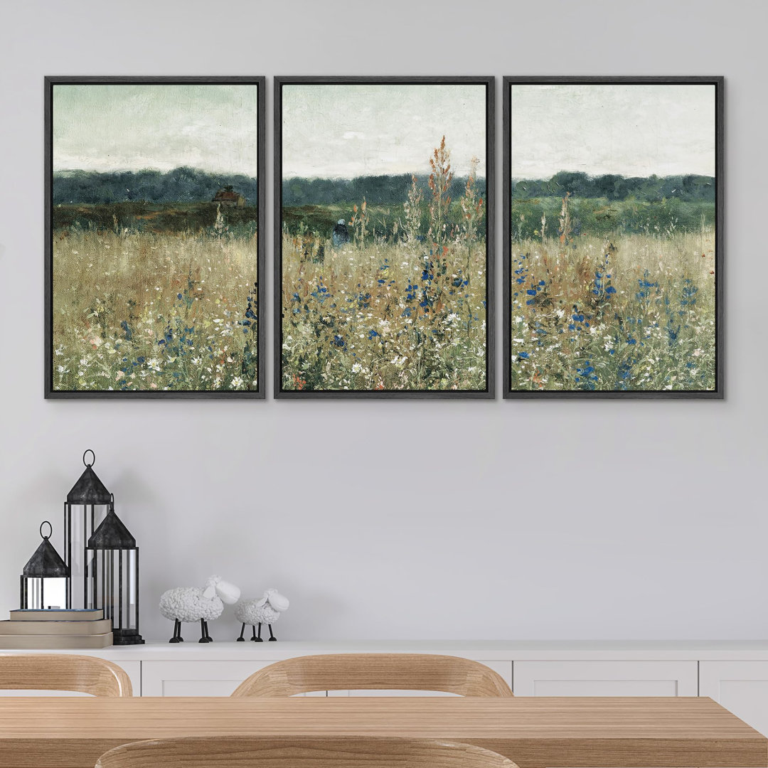 " Pastoral Fields Rustic Wildflower Countryside Floral Landscape Illustration Rustic Artwork Ultra " 3 - Pieces on Canvas wall26 Frame 