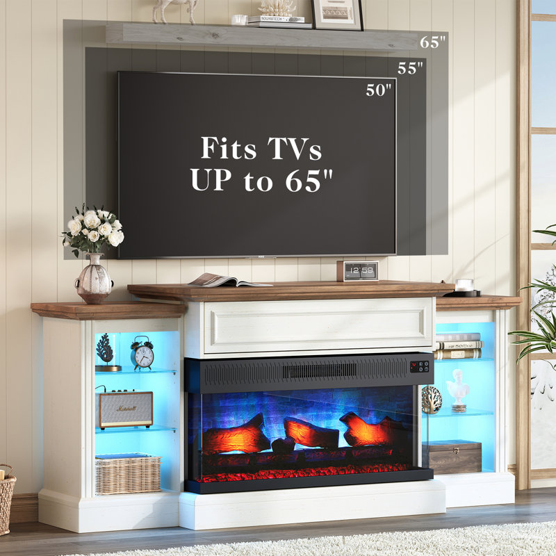 Meuble télé avec foyer à 3 côtés en verre Emonte, lumière RVB et porte rabattable Hiden, Blanc, 60"