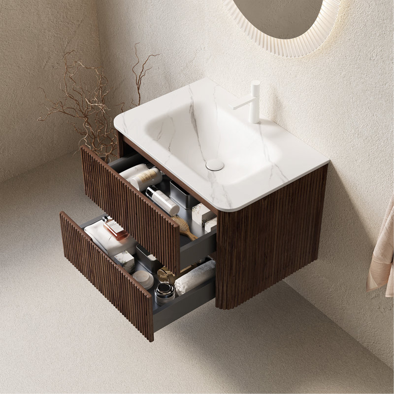 Meuble-lavabo 30 po avec lavabo, armoire de rangement murale en contreplaqué flottant avec 2 tiroirs, lavabo blanc, sans robinet, grain de bois rétro pré-assemblé