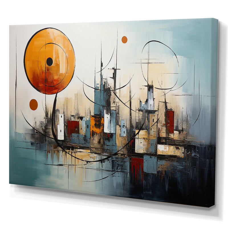 Abstrait bleu sarcelle et géométrie dorée paysage urbain I - Art mural abstrait, Toile tendue, H 34 po x l 44 po x P 1,5 po
