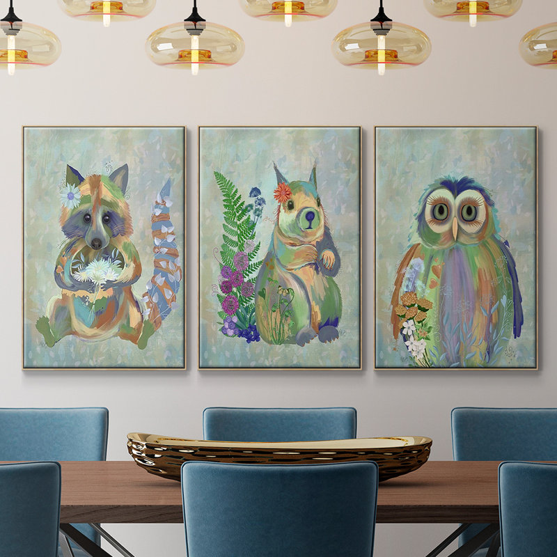 Fantastic Florals Owl 3 pièces, H 40 po x l 90 po x P 2 po, Cadre en bois naturel