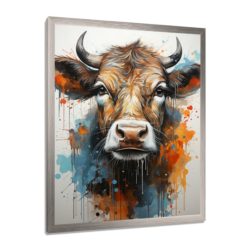 Popart Urban Cow - vache, art mural, Cadre simple argenté, H 32 po x l 16 po x P 1 po