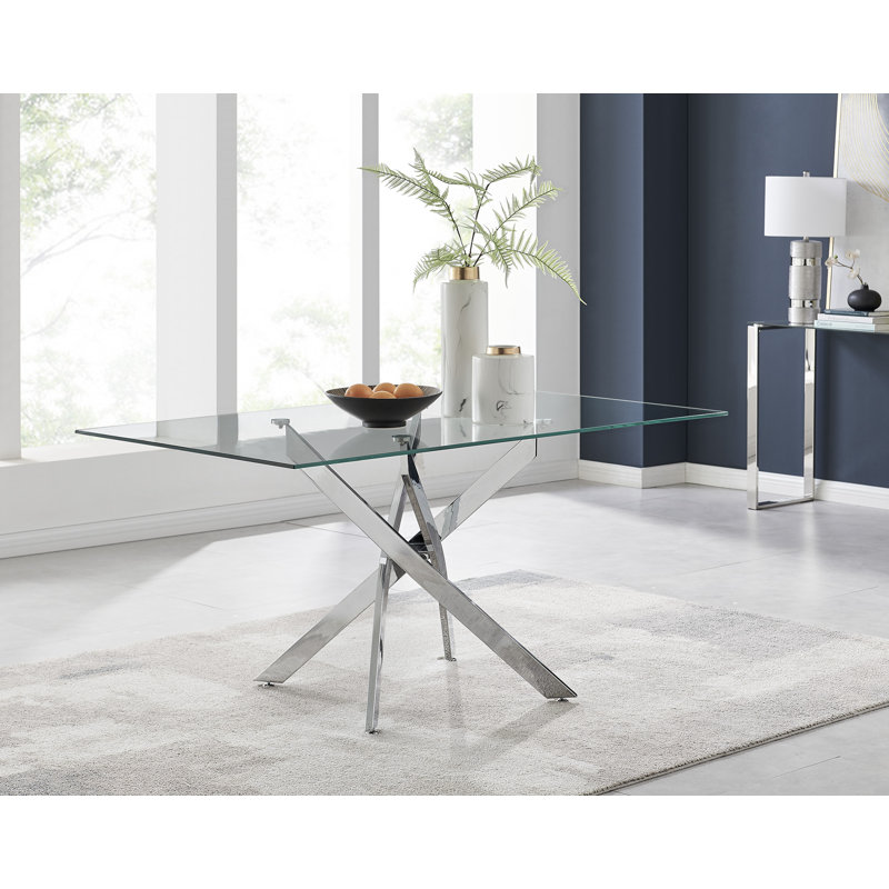Lenworth Modern Chrome Metal and Glass Dining Table Set with 6 Luxury Faux Leather Dining Chairs, Black