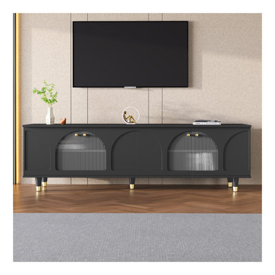 Meuble télé contemporain avec tablettes réglables pour téléviseur de 78 po ou moins, console multimédia élégante avec poignées dorées et portes en verre cannelé, centre de divertissement délicat pour le salon, noir