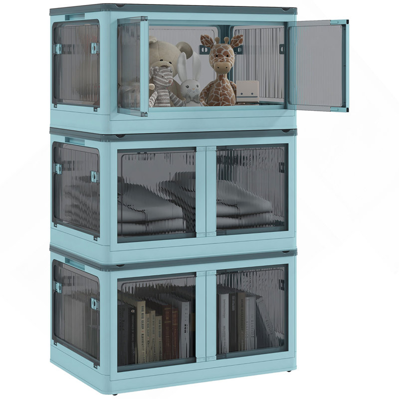 3 bacs de rangement empilables avec couvercles, roues, pliables, 18 gallons, Bleu
