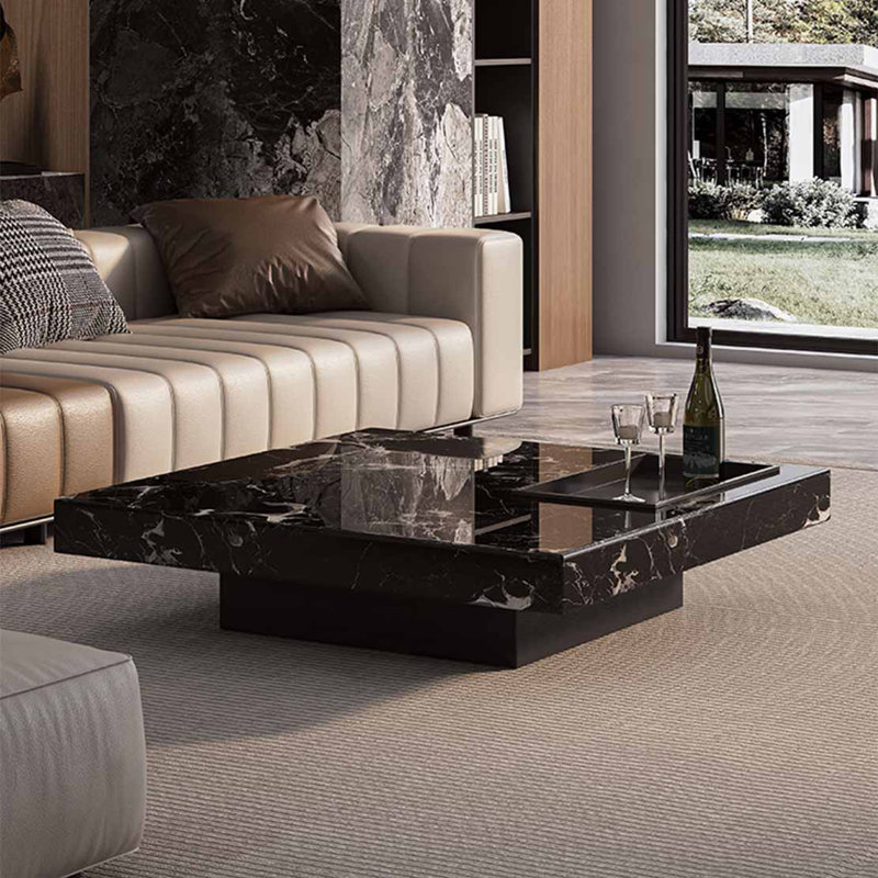 Table basse carrée en marbre, H 11,8 po x L 43,3 po x l 43,3 po, Noir
