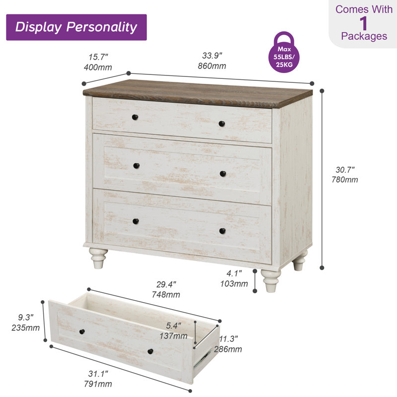 Scarlett 33.9'' W 3 - Drawer Dresser, Rustic White/Brown