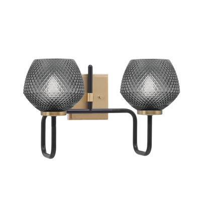 Barre d'éclairage de salle de bain 2 lumières Amarmula, noir mat et laiton vieilli, verre texturé fumé 6 po