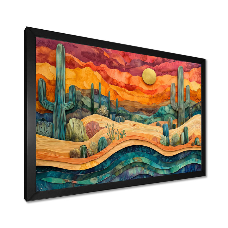 Cactus du désert sur un plateau en bois II - Cactus, art mural, H 30 po x l 40 po, Cadre simple, Noir