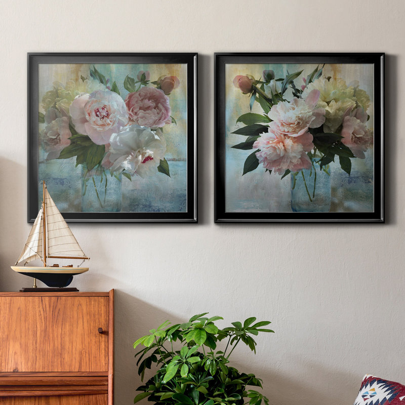 «Peony Bouquet I», reproduction de cadre photo sur toile 2 pièces, Noir, H 26,5 po x l 53 po x P 1,5 po